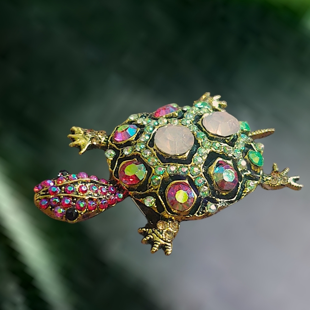 Iridescent Rhinestone Turtle Brooch